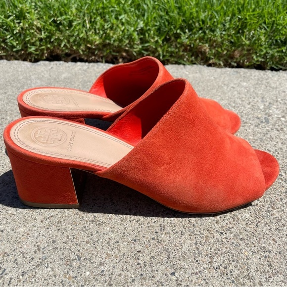 EUC Tory Burch Peep Mule Sandals Lancaster
Orange Suede Size 7.5 - Picture 3 of 12